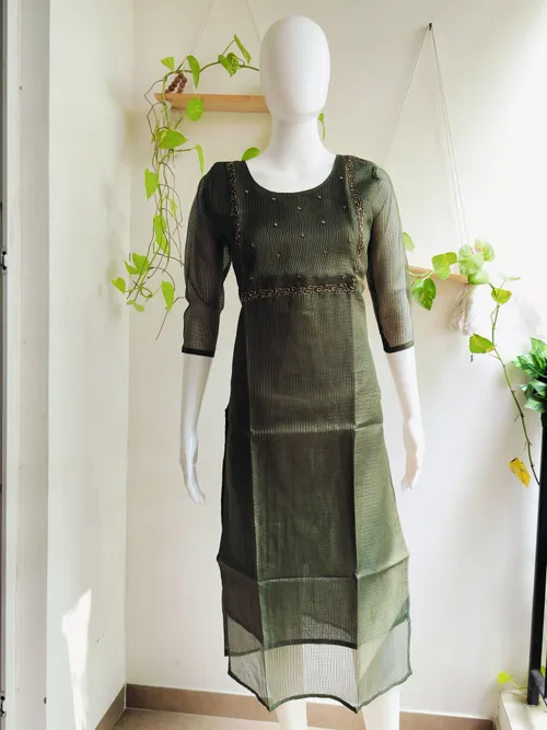Dark Green Netted Handwork Kurti
